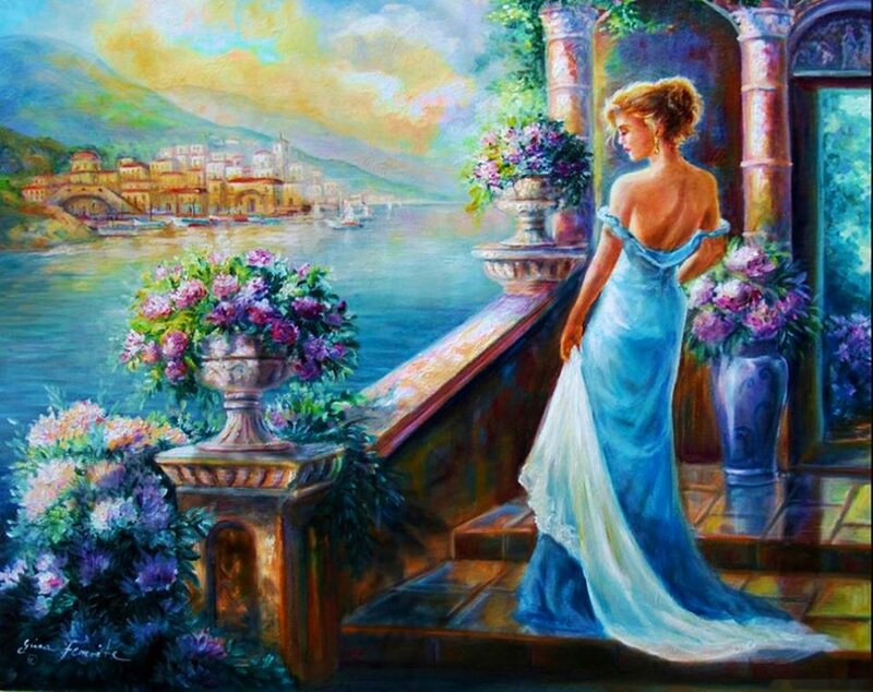 Woman in Blue Gown — Serene, Sunset, Painting