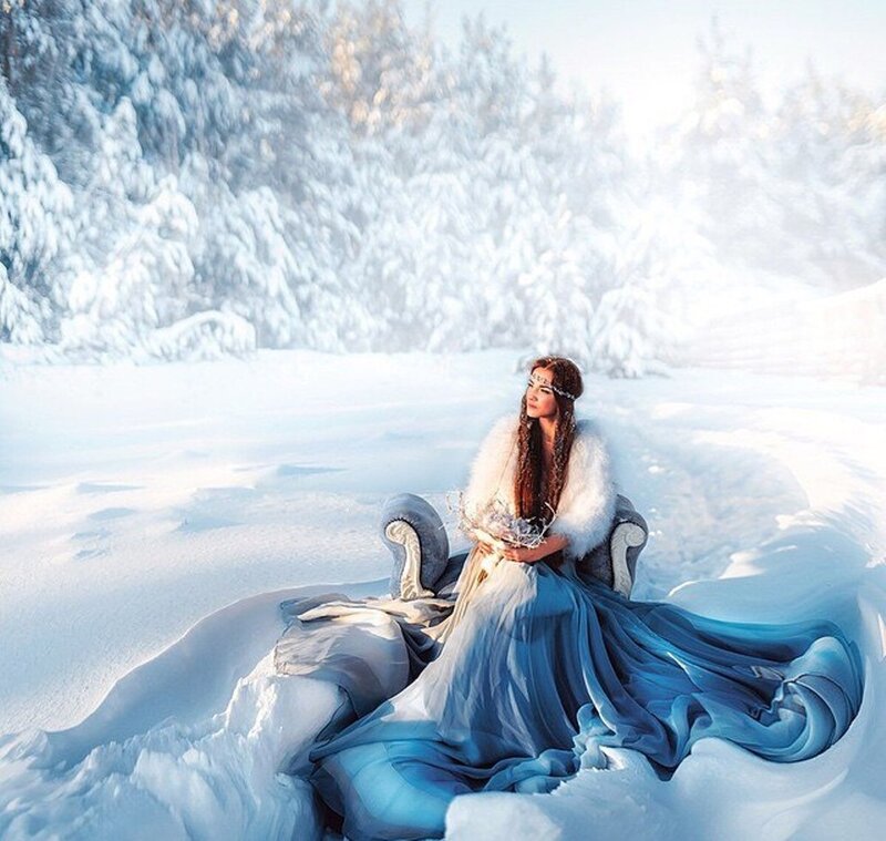 Woman in Blue Gown — Serene, Winter, Digital Art