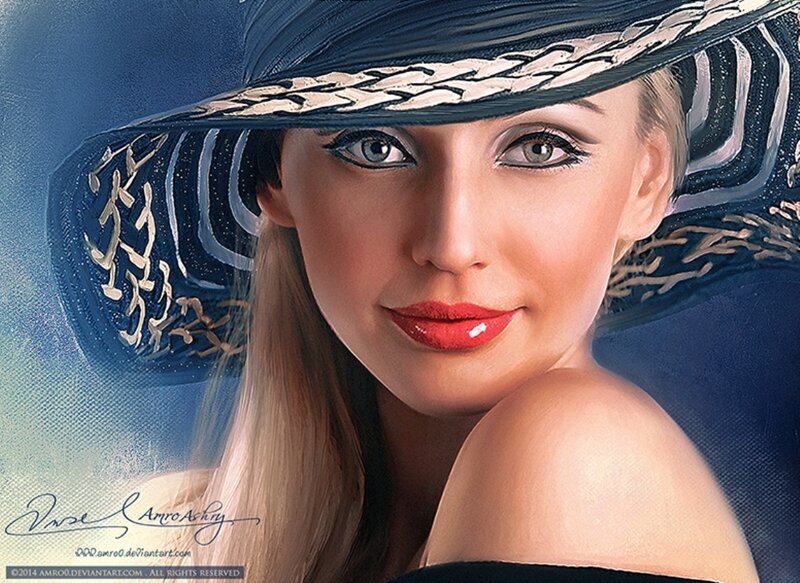 Woman in Blue Hat — Dramatic, Digital Art, Red Lipstick