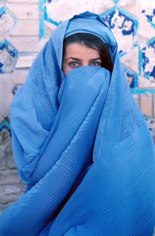 woman in blue headscarf