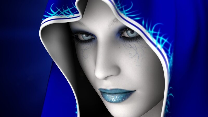 Woman in Blue Hood — Dramatic, Digital Art, Face