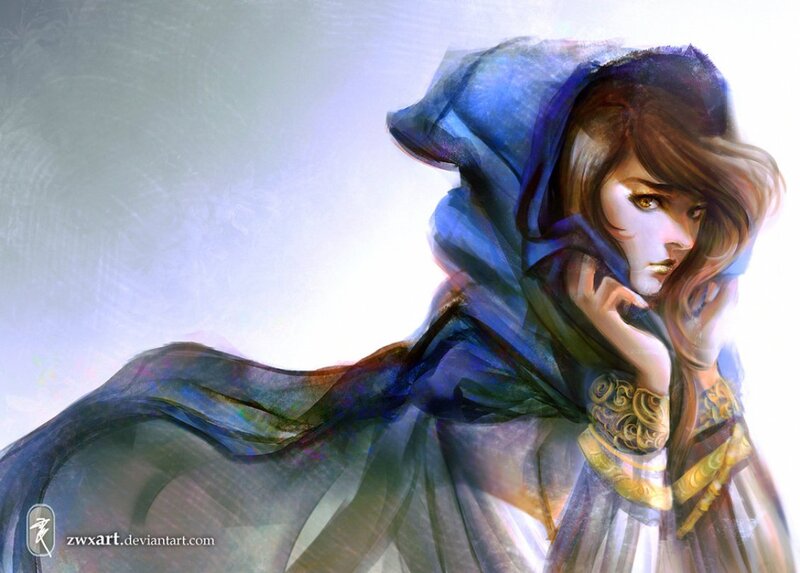 Woman in Blue Hooded Cloak — Dramatic
