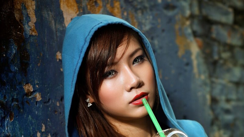 Woman in Blue Hoodie — Dramatic, Photograph, Straw