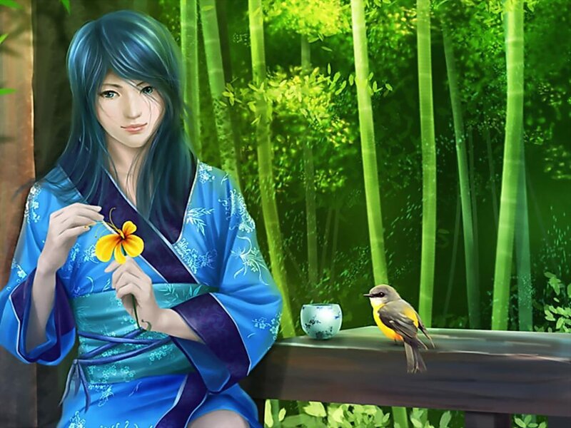 Woman in Blue Kimono — Serene