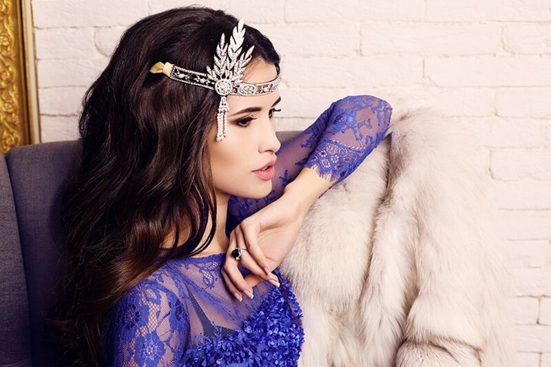 Woman in Blue Lace Dress — Dramatic, Photograph