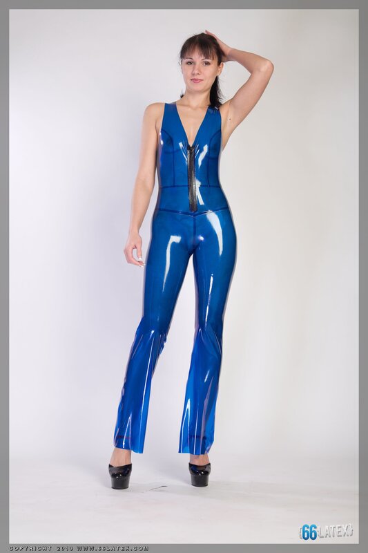 woman in blue latex jumpsuit