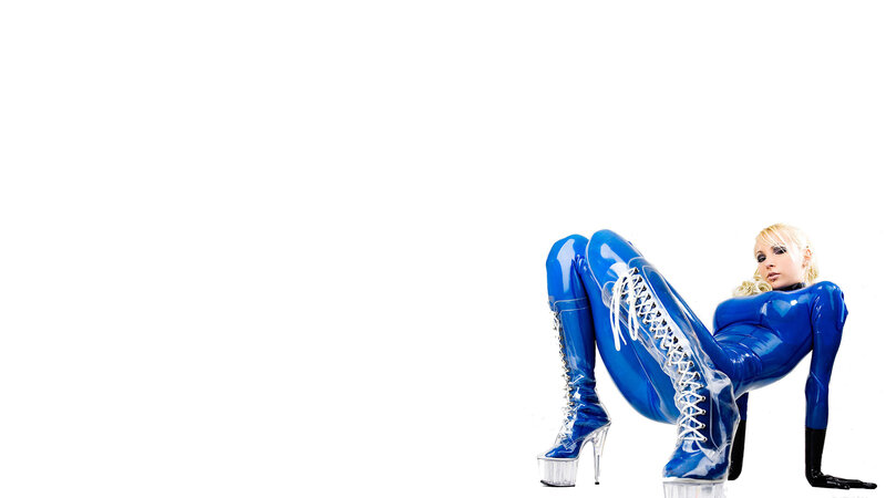 woman in blue latex suit