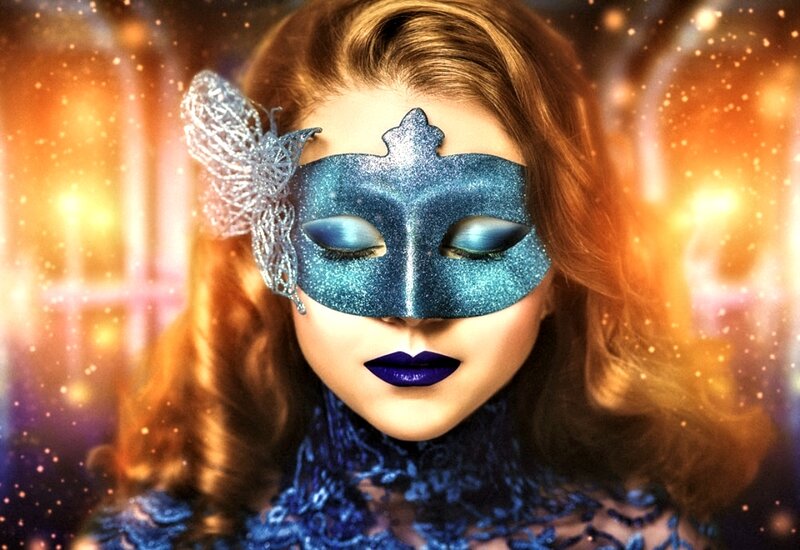 Woman in Blue Mask — Dramatic, Digital Art, Butterfly