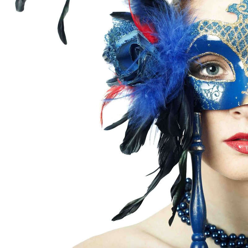Woman in Blue Mask — Dramatic, Photograph, Feathers