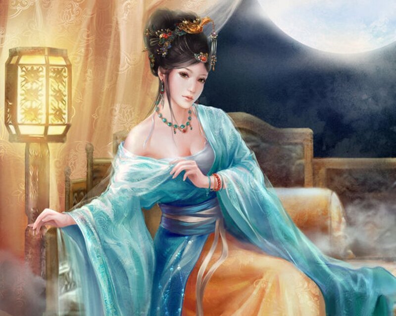 woman in blue robe at night