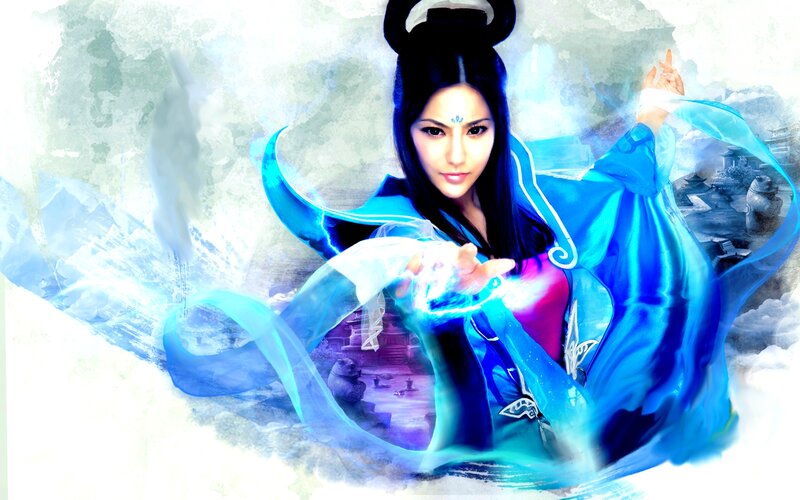 Woman in Blue Robe — Dramatic, Digital Art, Magic