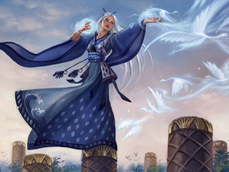 Woman in Blue Robe — Dramatic, Digital Art, White Birds