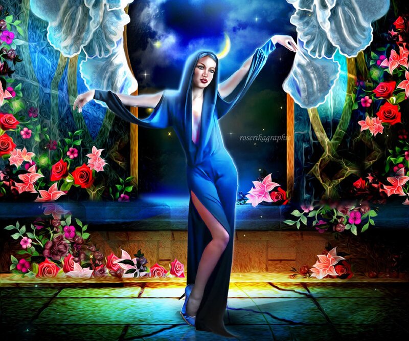 Woman in Blue Robe — Dramatic, Night, Digital Art, Flowers