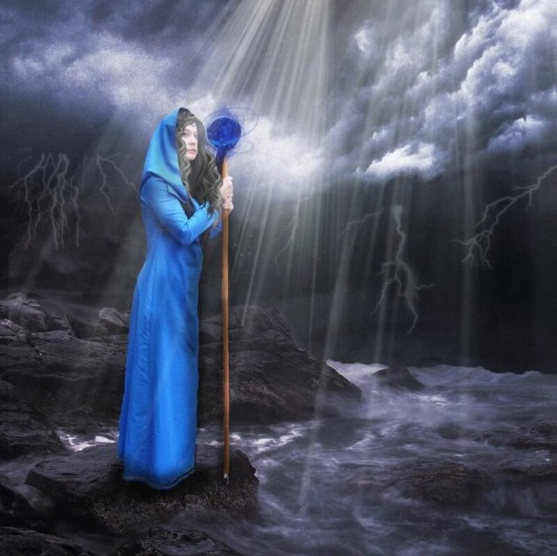 Woman in Blue Robe — Dramatic, Night, Digital Art