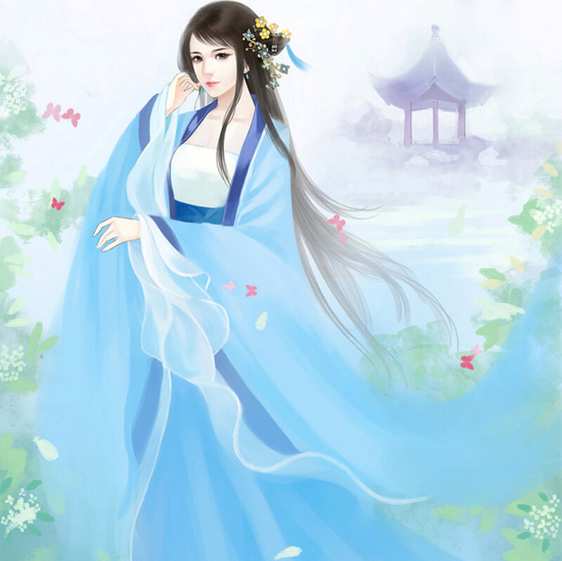 Woman in Blue Robe — Serene, Spring