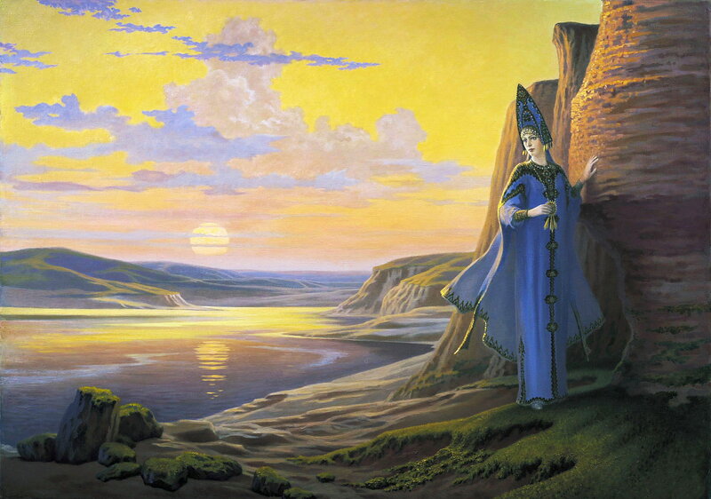 Woman in Blue Robe — Serene, Sunset