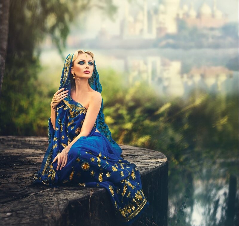 Woman in Blue Sari — Serene, Afternoon, Photograph, River