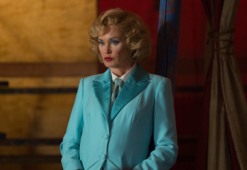 Woman in Blue Suit — Dramatic, Photograph, Curtains