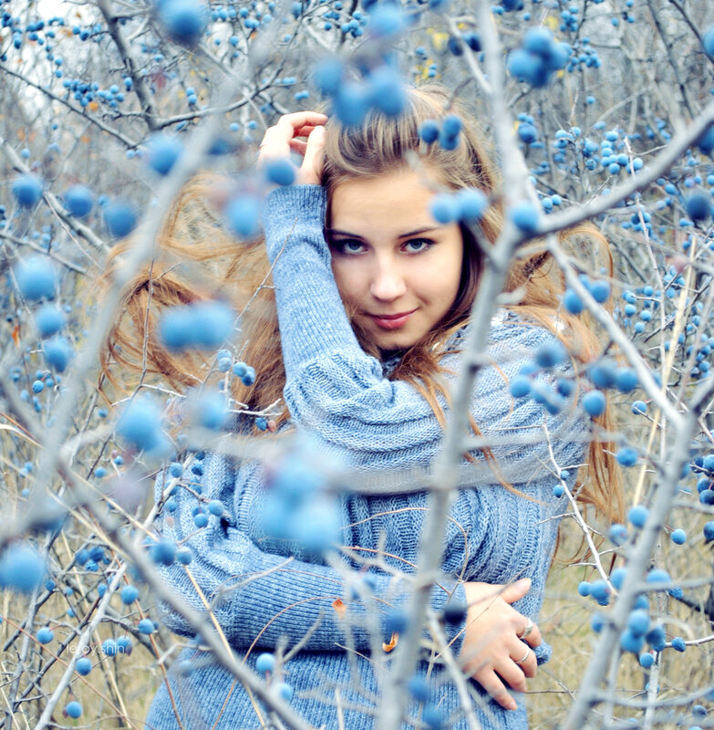 woman in blue sweater among berries
