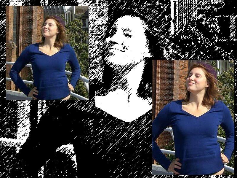 woman in blue sweater collage