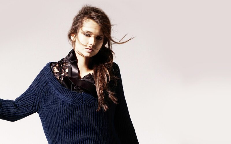 Woman in Blue Sweater — Dramatic, Photograph, Lace