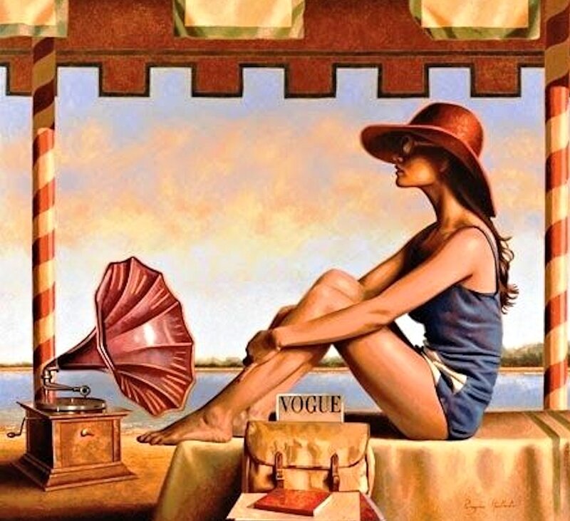 Woman in Blue Swimsuit — Serene, Afternoon, Painting