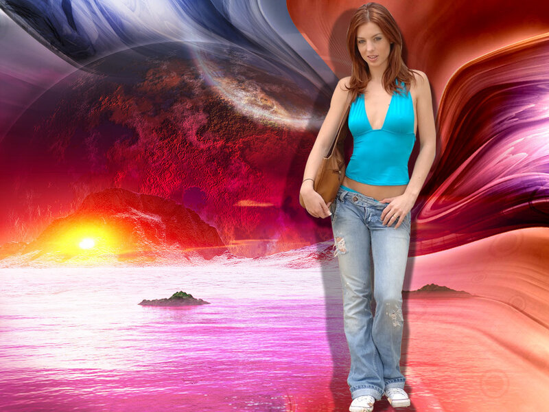 Woman in blue top on alien landscape