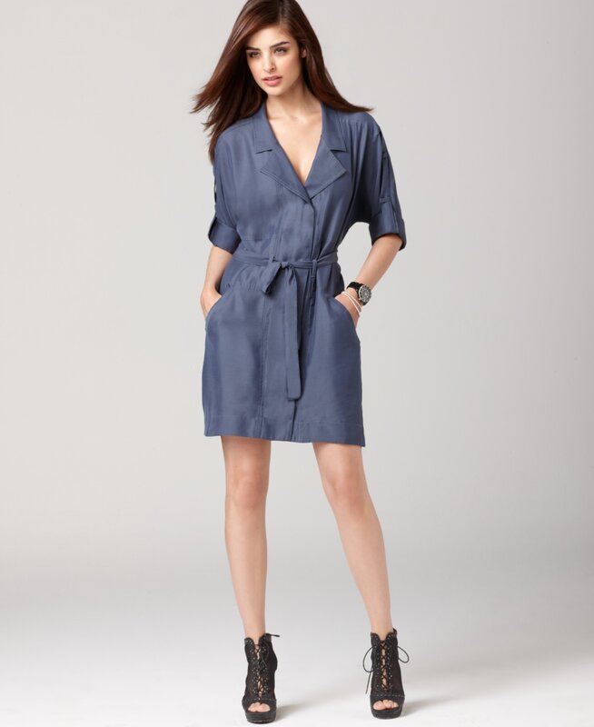 woman in blue trench dress