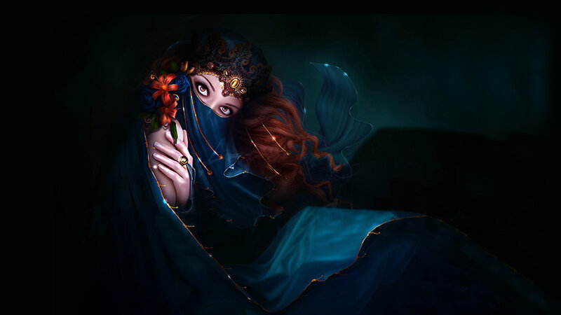 Woman in Blue Veil — Dramatic, Night, Digital Art
