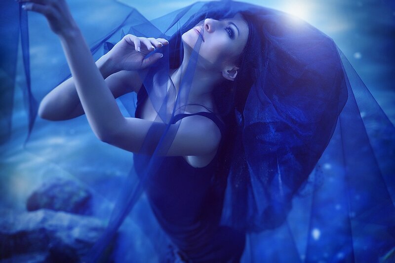 Woman in Blue Veil — Dramatic, Night, Photograph