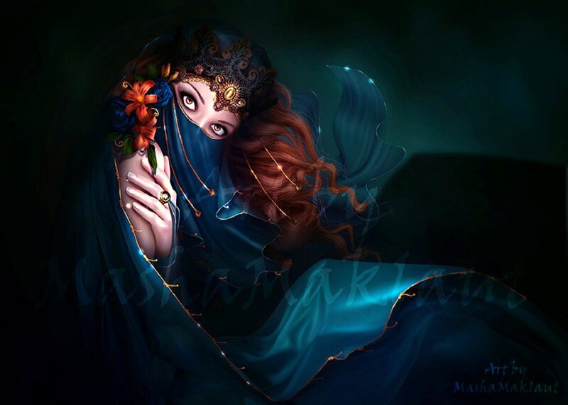 Woman in Blue Veil — Dramatic, Night