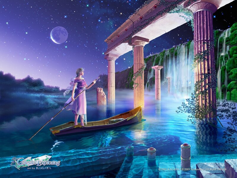 woman in boat under moonlight