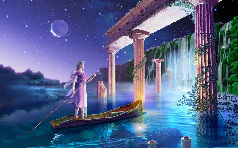 woman in boat under moonlight