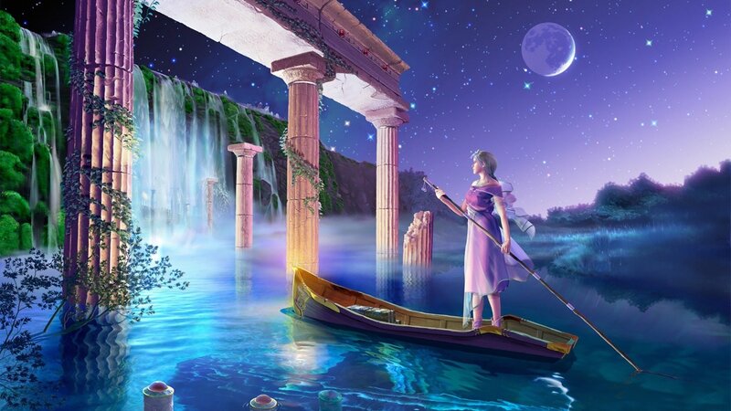 woman in boat under moonlight