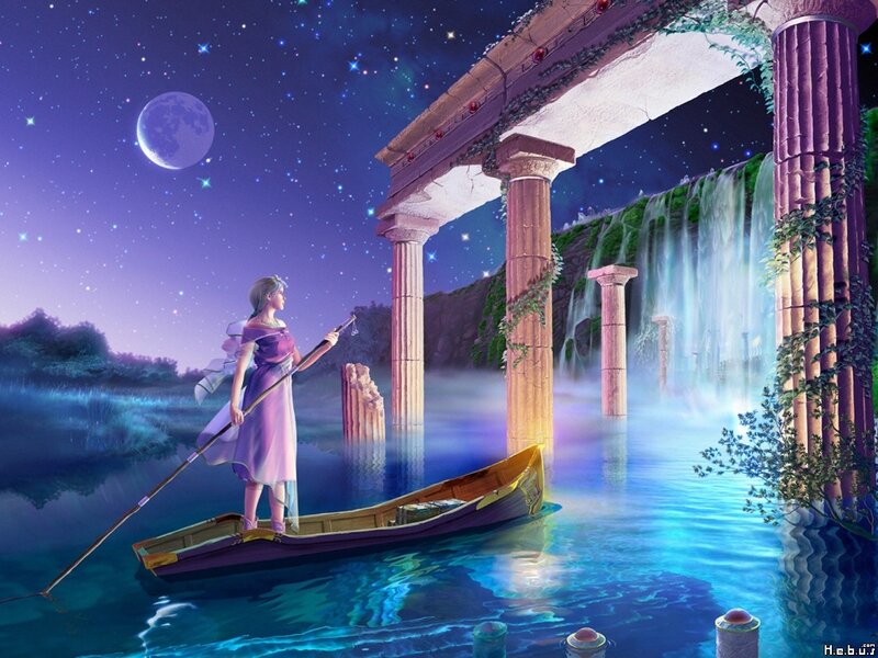 woman in boat under moonlight