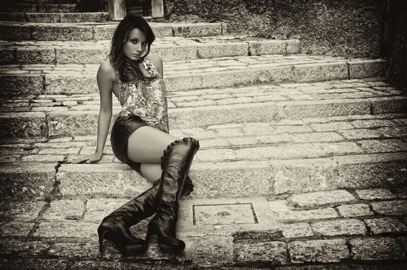 Woman in Boots on Steps — Black