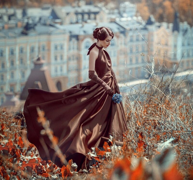 Woman in Brown Dress — Dramatic, Autumn, Photograph
