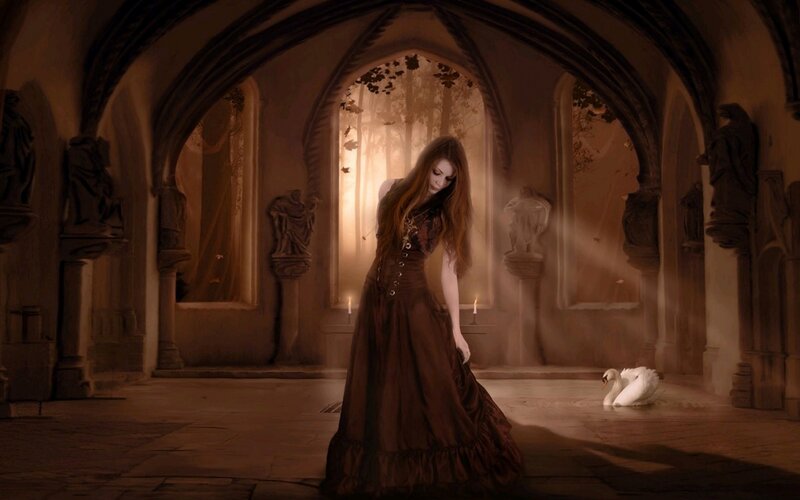 Woman in Brown Dress — Dramatic, Digital Art, Swan, Statues