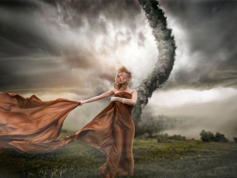 Woman in Brown Dress — Dramatic, Digital Art, Tornado