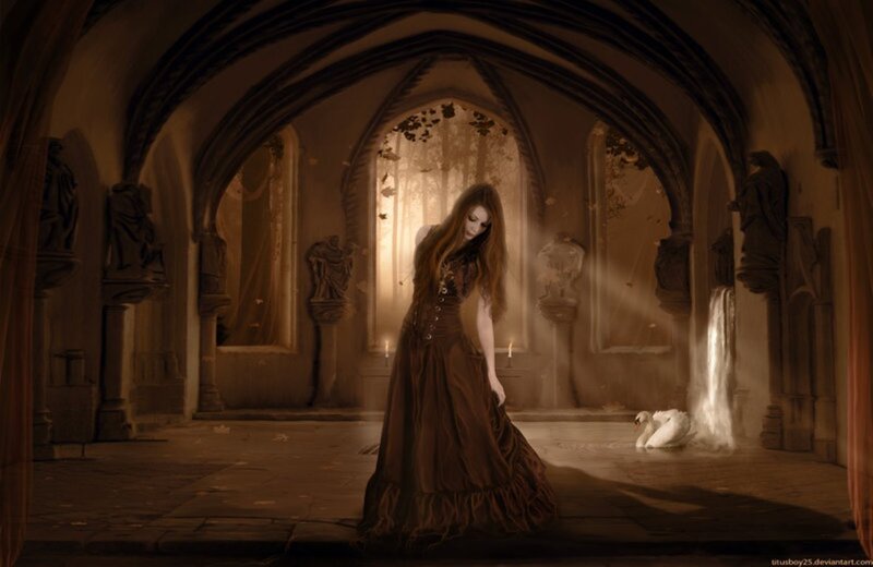 Woman in Brown Dress — Dramatic, Night, Digital Art, Swan