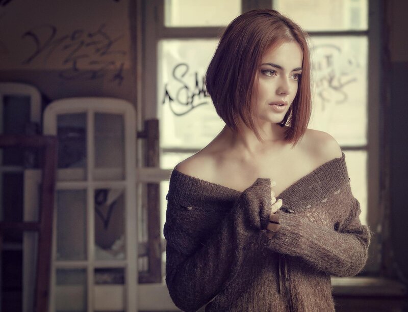 Woman in Brown Sweater — Dramatic, Photograph, Window