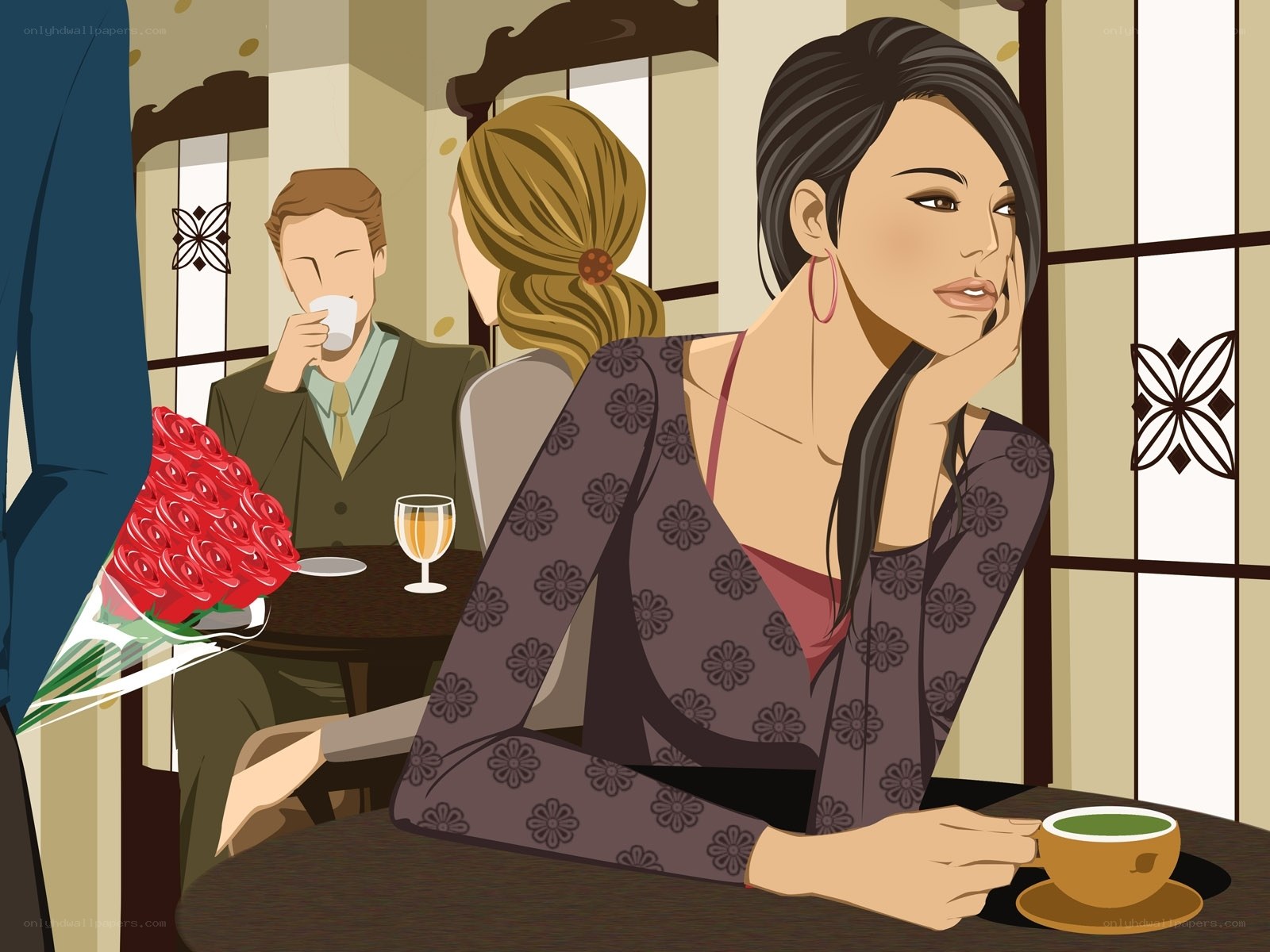Woman in café with flowers