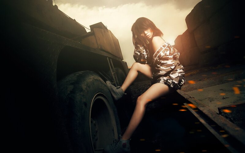 Woman in Camouflage Outfit — Brown, Dramatic, Sunset