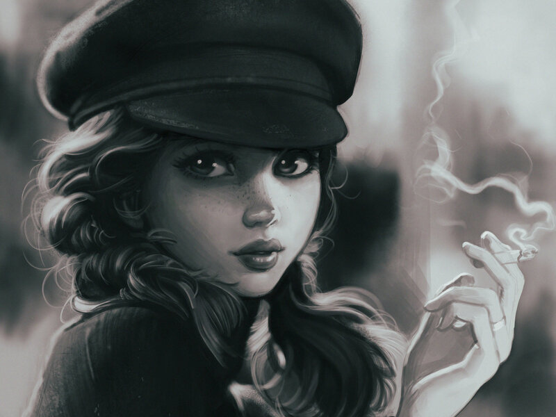 Woman in Cap Smoking