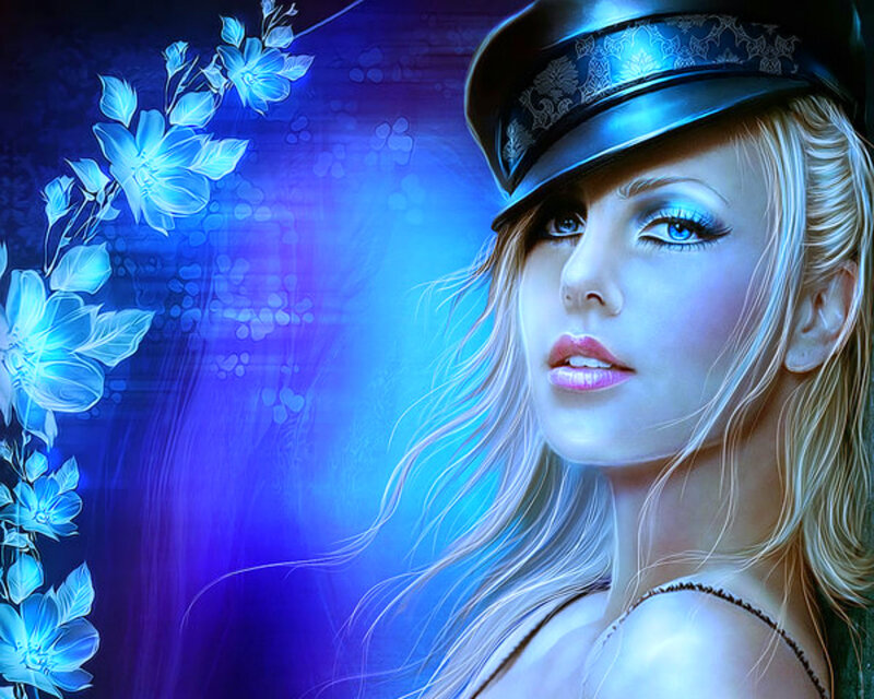 Woman in Cap with Flowers — Blue