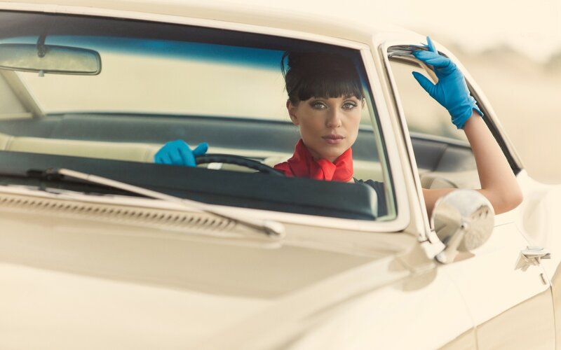 Woman in Car — Beige, Dramatic, Afternoon