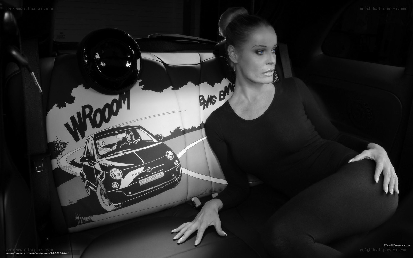 woman in car with comic seat
