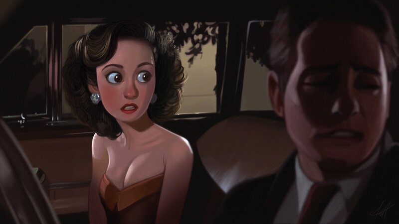 Woman in Car with Man — Brown, Dramatic