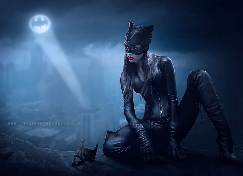 Woman in Cat Costume — Black, Dramatic, Night, Digital Art, Mask