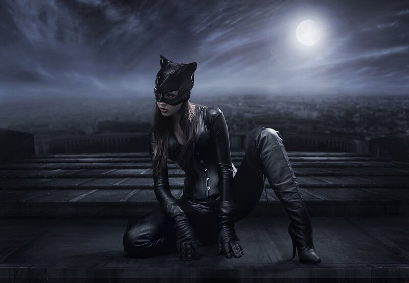 Woman in Cat Costume — Black, Dramatic, Night, Photograph, Mask, Moon